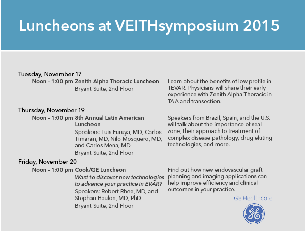 Schedule and agenda for Cook Medical's luncheons at VEITHsymposium 2015