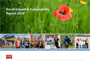 Cover of 2024 Social Impact & Sustainability Report with field of flowers and images of employees participating in SI&S events