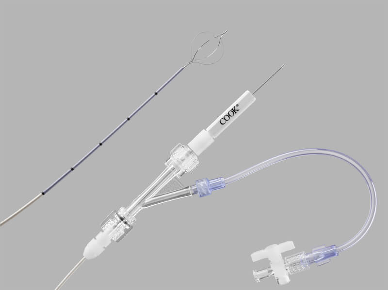 Nathanson transcystic bile duct stone exploration pack, depicting a catheter, a stone basket extractor, and a Tuohy-Borst Adapter.